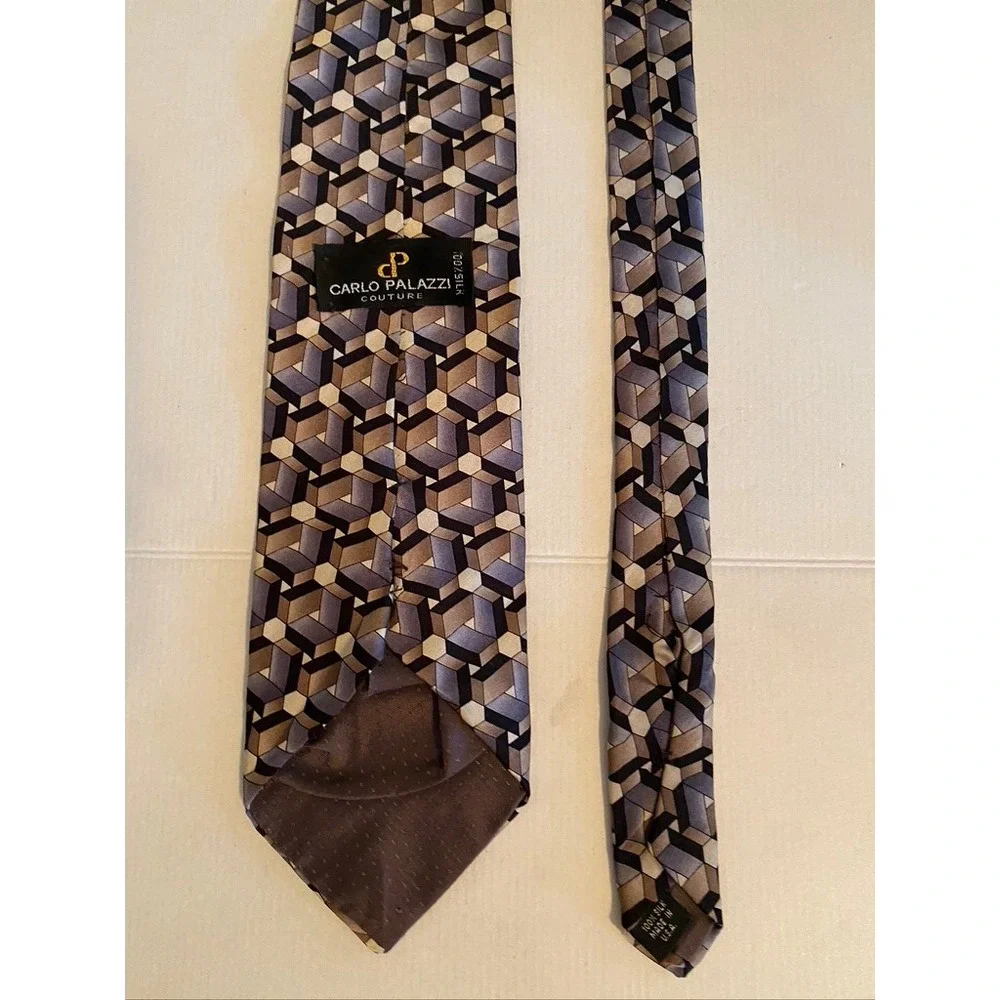 Carlo Palazzi Couture Silk Tie Brown Grey Geometric 3D Cube Pattern Mens USA